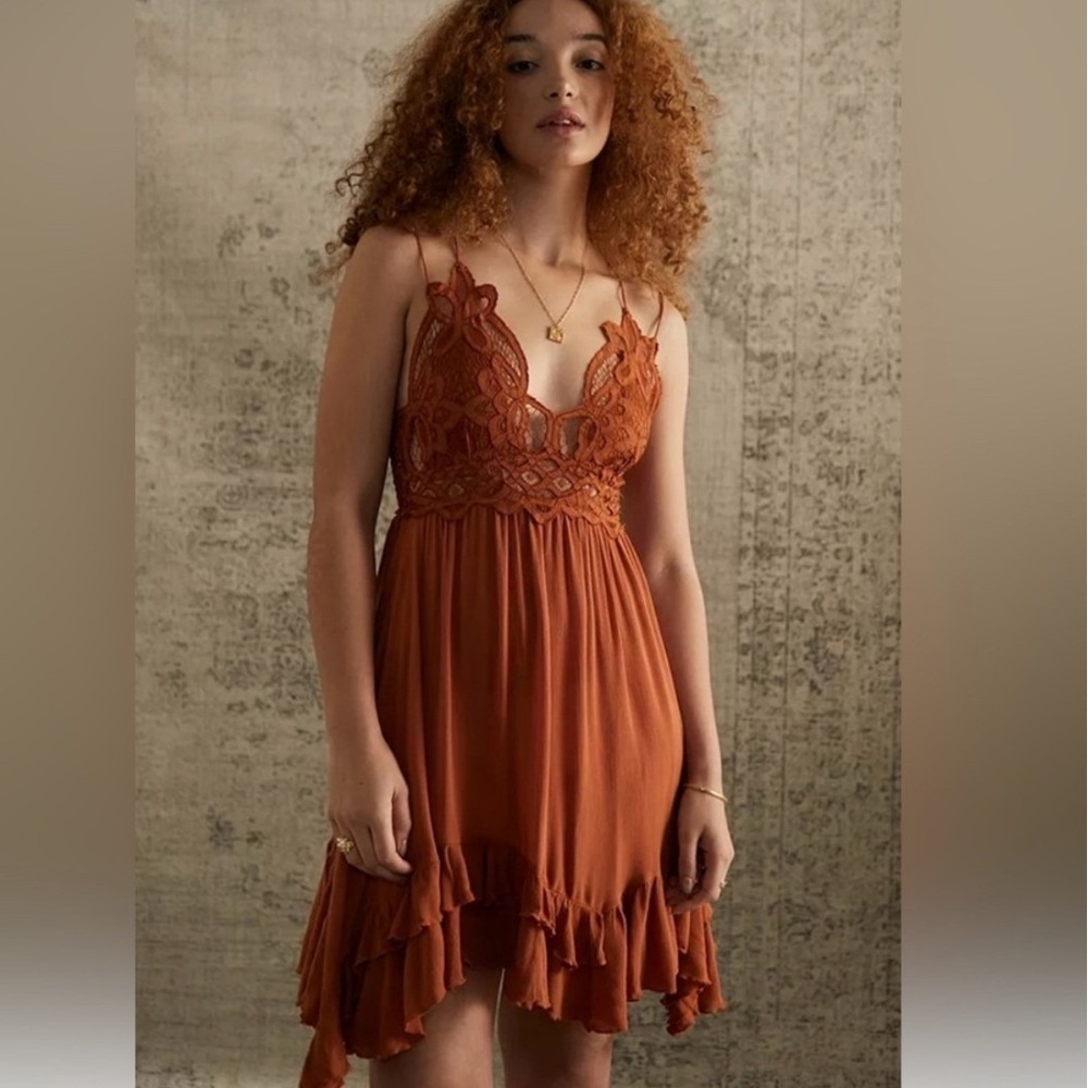 Free People FP One Adella Mini Dress Womens Small Rust Orange Crochet Lace Boho